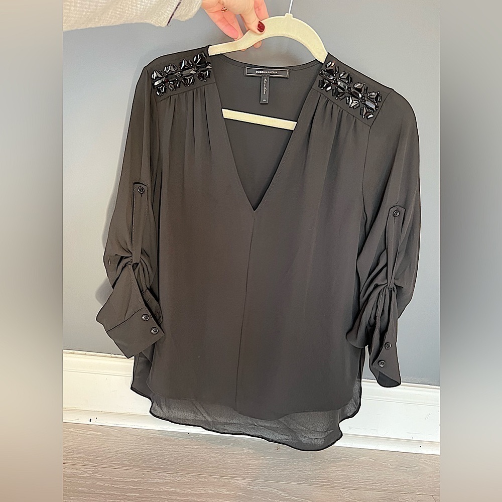 New BCBGMaxAzria Black Gemstone Blouse, Retails $160